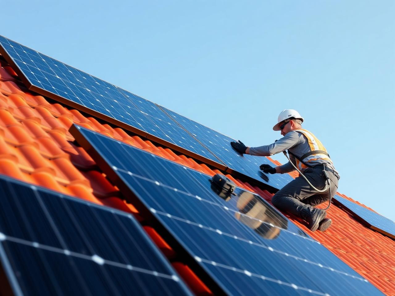 EcoRay-montør installerer solpaneler på et dansk tegltag